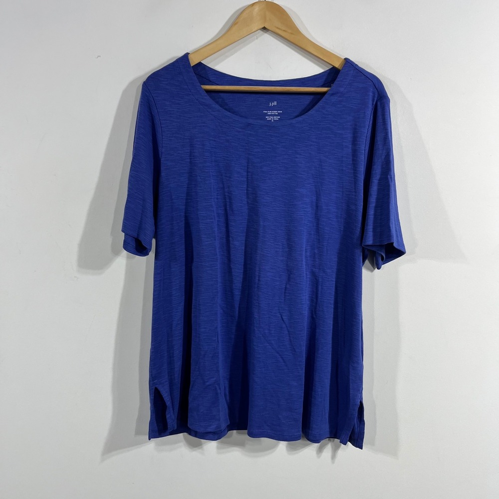 J. Jill Pima Slub Scoop Neck Side Slit Tee Blue Short Sleeve Top XL Boho Mature